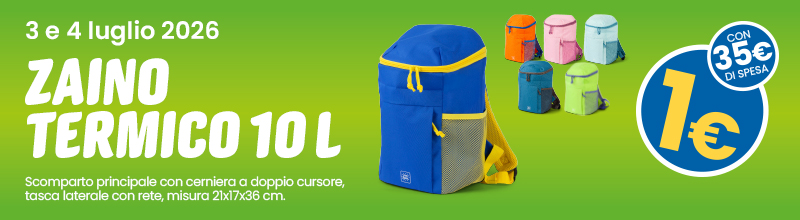 10L insulated thermal backpack promo — blue bag with colour variants; 3–4 July 2026 offer: €1 with €35 spend.