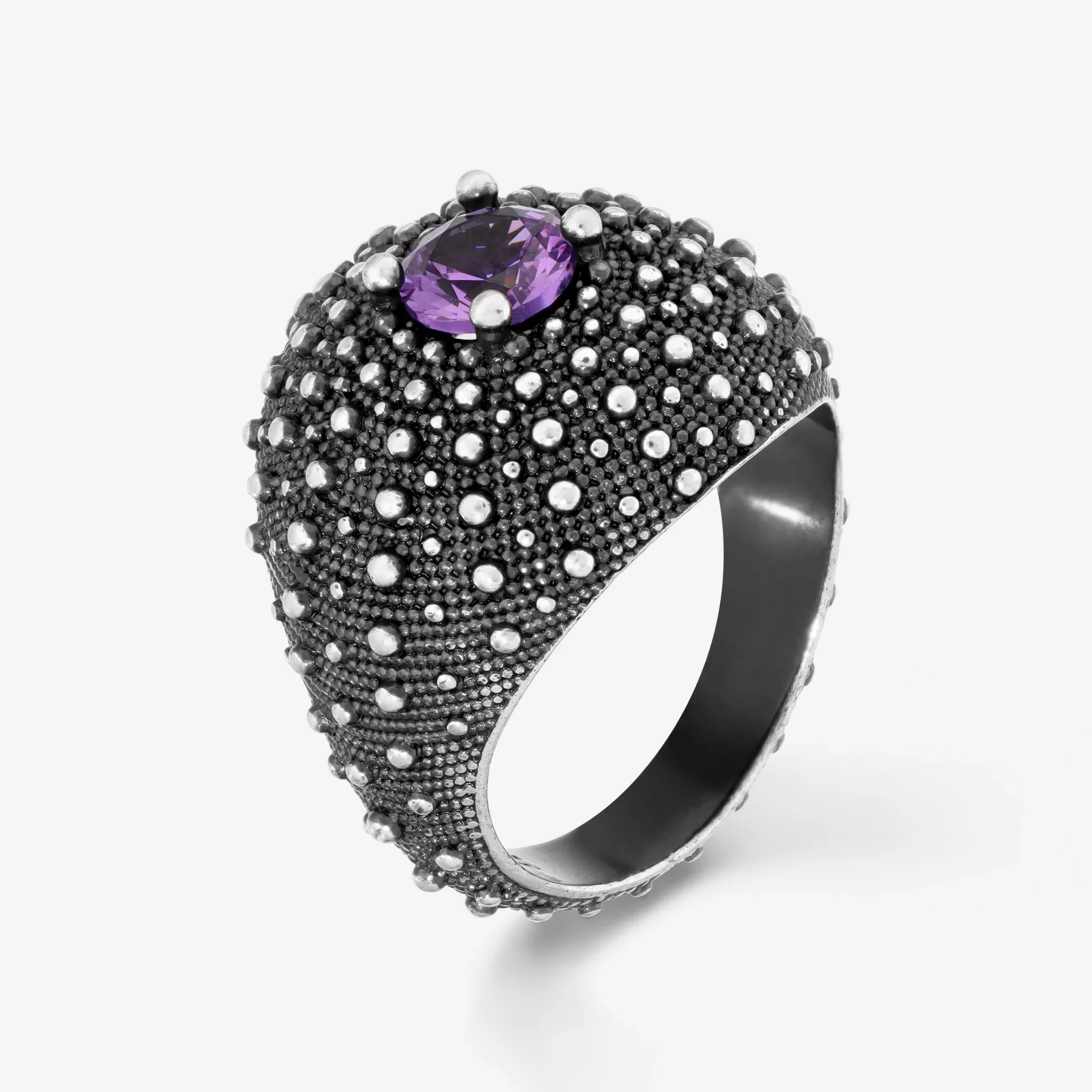 Image of Anello a Fascia Graduato Texture Riccio di Mare in Argento 925 placcato Rutenio con Pietre Naturali