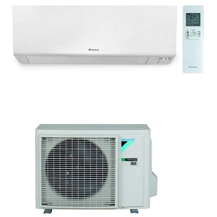 Daikin split air conditioning set – white wall-mounted indoor unit, outdoor condenser and handheld remote control