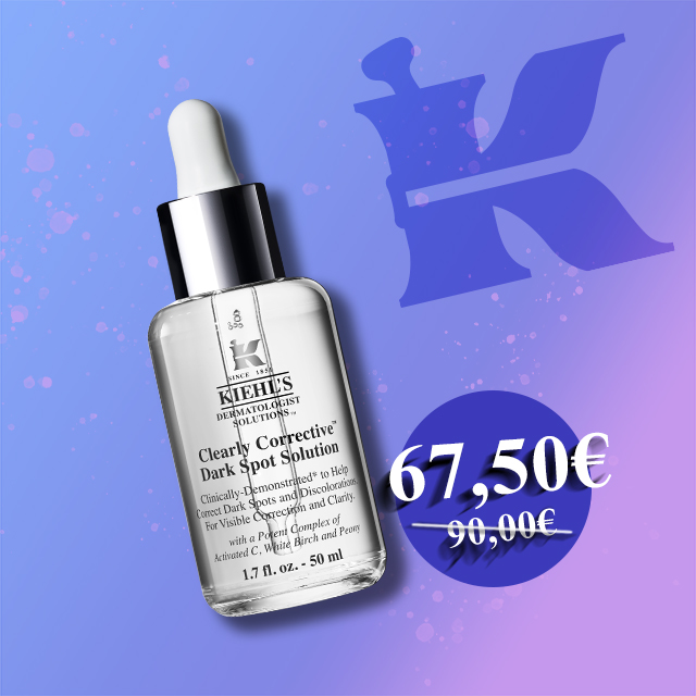 Flacone blu di Kiehl’s Midnight Recovery Concentrate con tappo contagocce su sfondo illustrato con elementi botanici viola.