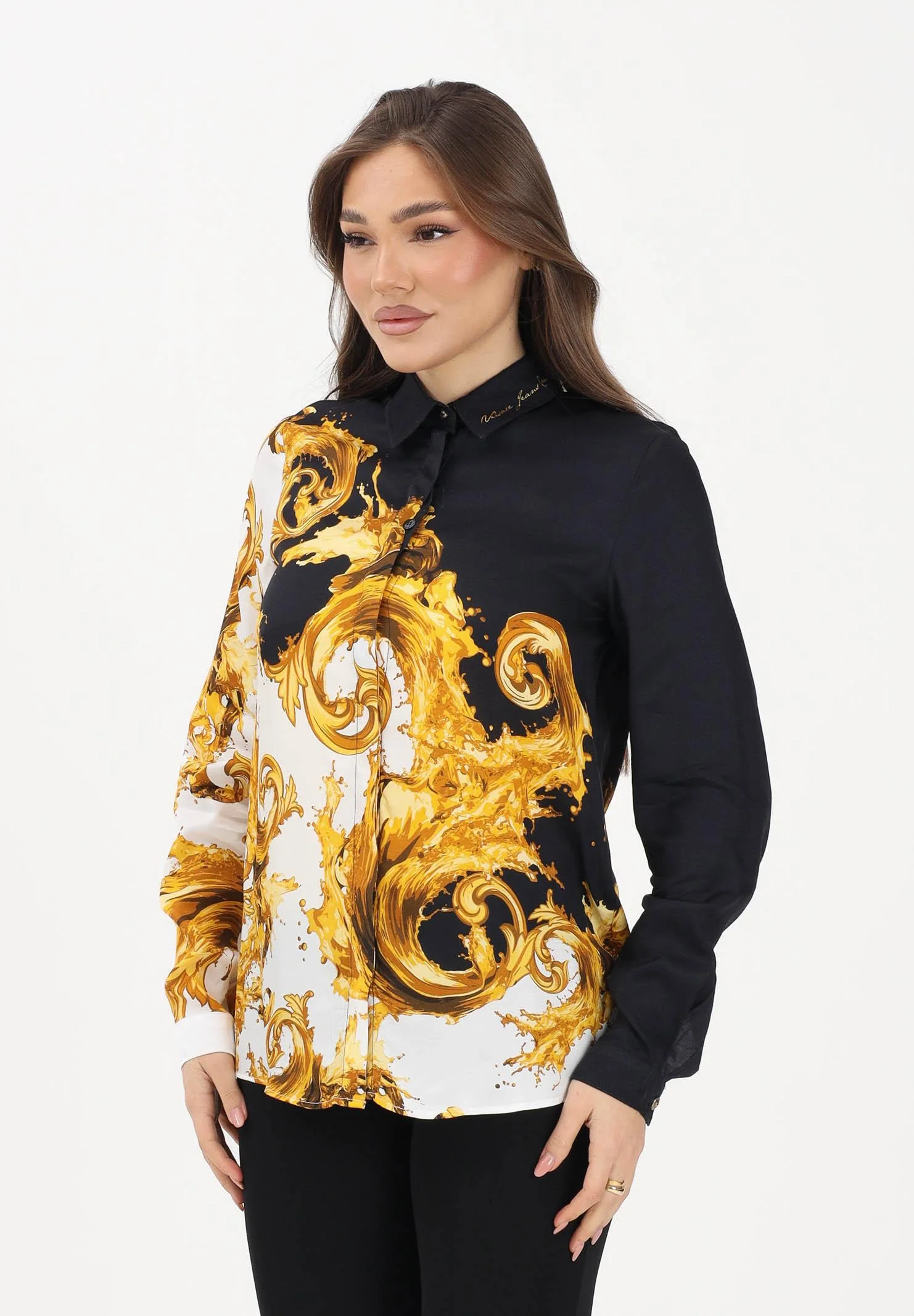 Image of VERSACE JEANS COUTURE Camicia a manica lunga nera e bianca da donna con stampa Wave Couture