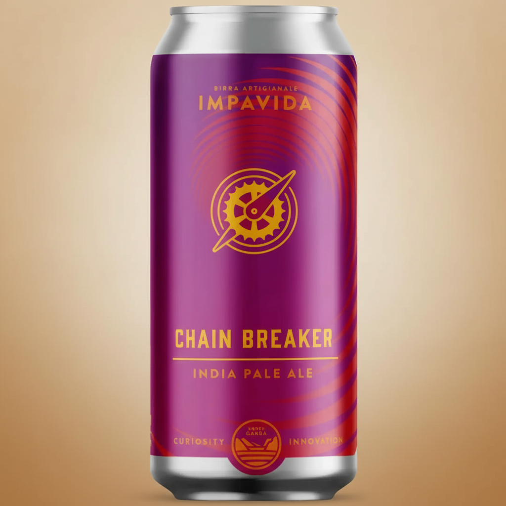 A can of Impavida Chain Breaker India Pale Ale with a bicycle gear logo.