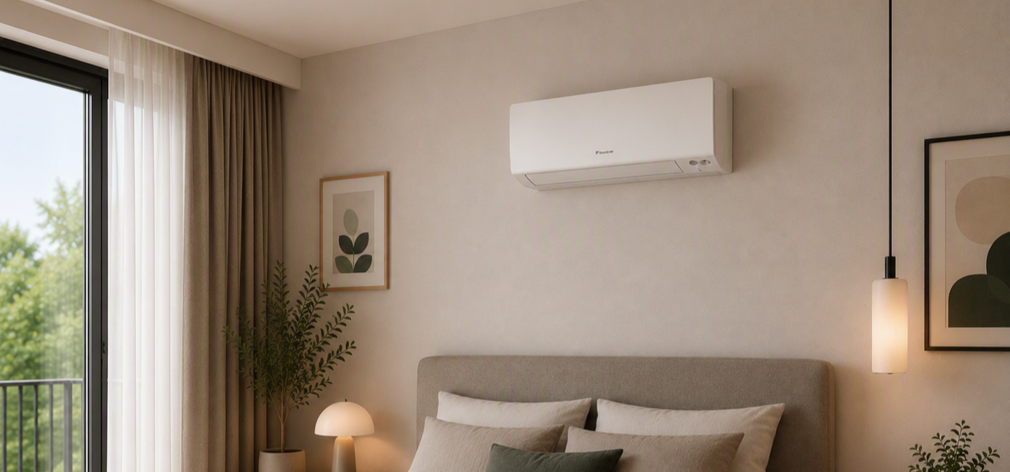 Modern bedroom with wall-mounted air conditioner above an upholstered bed, neutral décor, bedside lamp, potted plants and balcony view