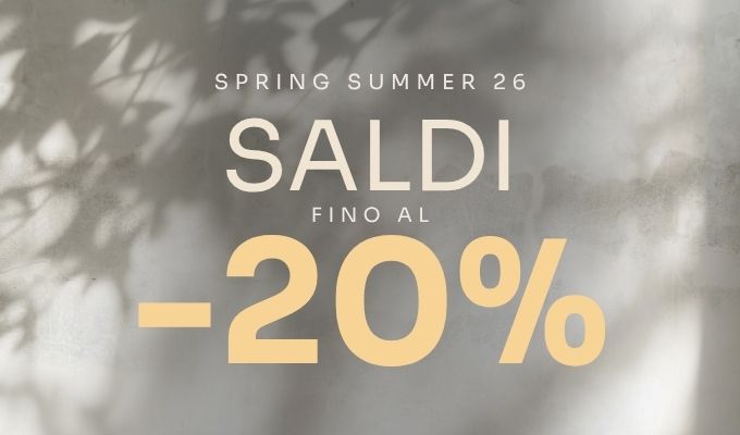 Spring Summer 26 sale banner reading 'SALDI' on a soft shadowed wall background with large 'up to 20% off' text