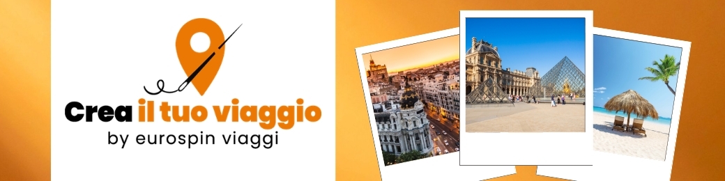 Travel agency logo 'Crea il tuo viaggio by Eurospin Viaggi' with polaroid images of a city skyline, the Louvre glass pyramid and a tropical beach
