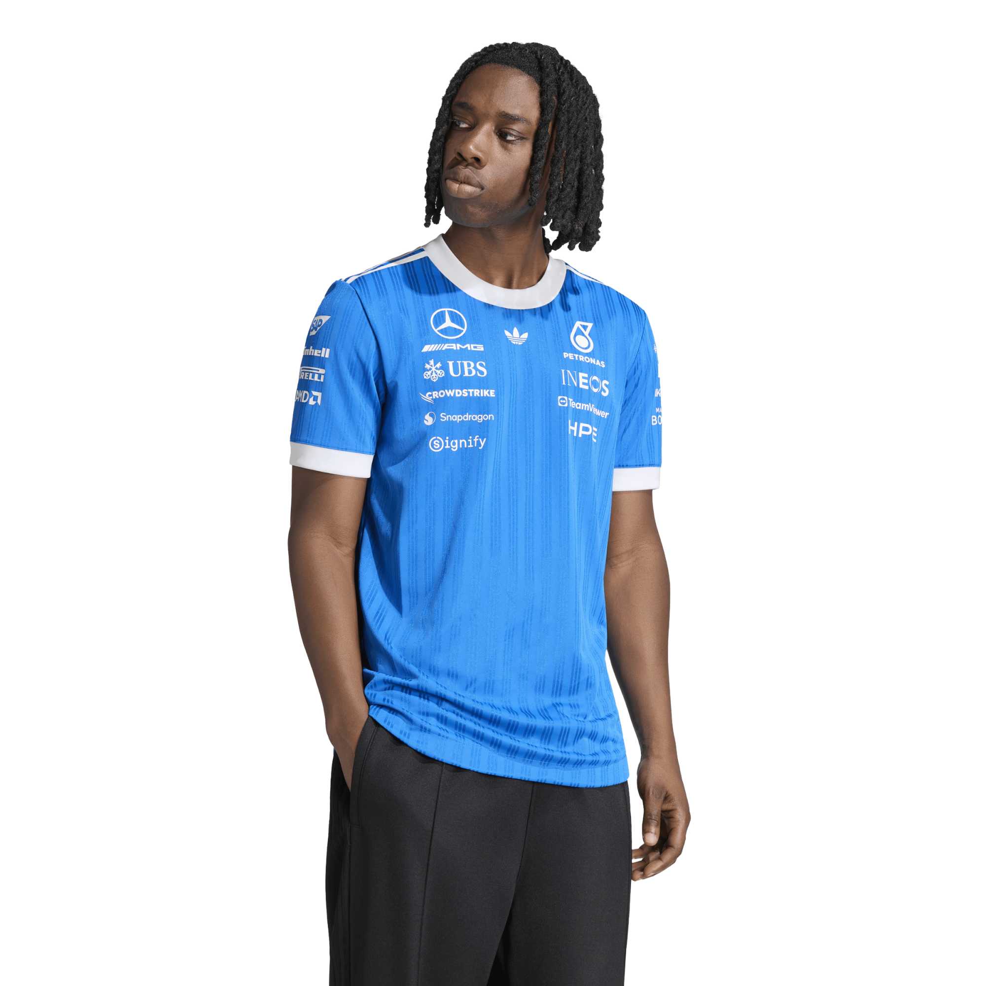 Maglietta della squadra Mercedes AMG Petronas adidas Originals Blue Wonder Silverstone Special Edition