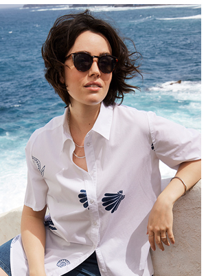 Camicia, stampa marittima, taglio svasato, colletto classico, mezze maniche