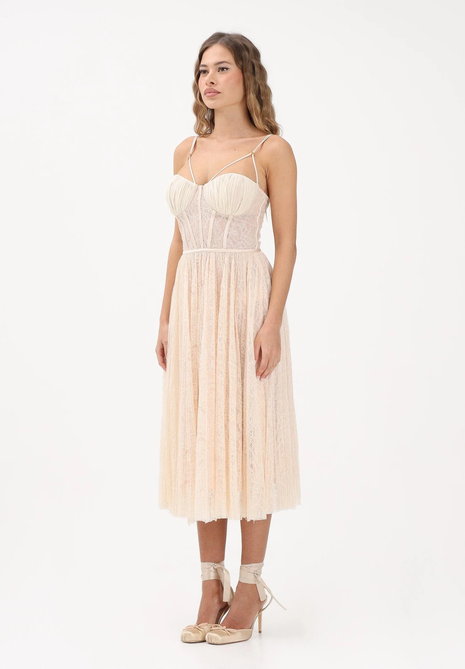 Image of ELISABETTA FRANCHI Abito midi burro da donna realizzato in delicato pizzo
