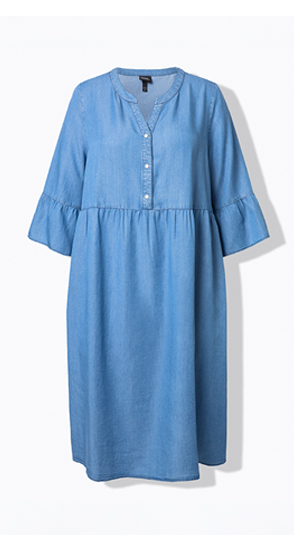 Abito chemisier in denim, taglio svasato, scollo a V, mezze maniche, cotone bio
