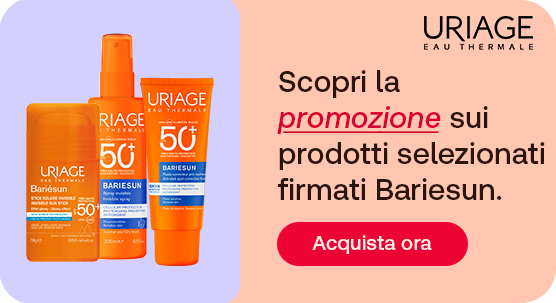 “Prodotti solari Uriage Bariésun SPF 50+ su sfondo colorato. Testo: ‘Scopri la promozione sui prodotti selezionati firmati Bariésun’ con pulsante ‘Acquista ora’.” “Prodotti solari Uriage Bariésun SPF 50+ su sfondo colorato. Testo: ‘Scopri la promozione sui prodotti selezionati firmati Bariésun’ con pulsante ‘Acquista ora’.”