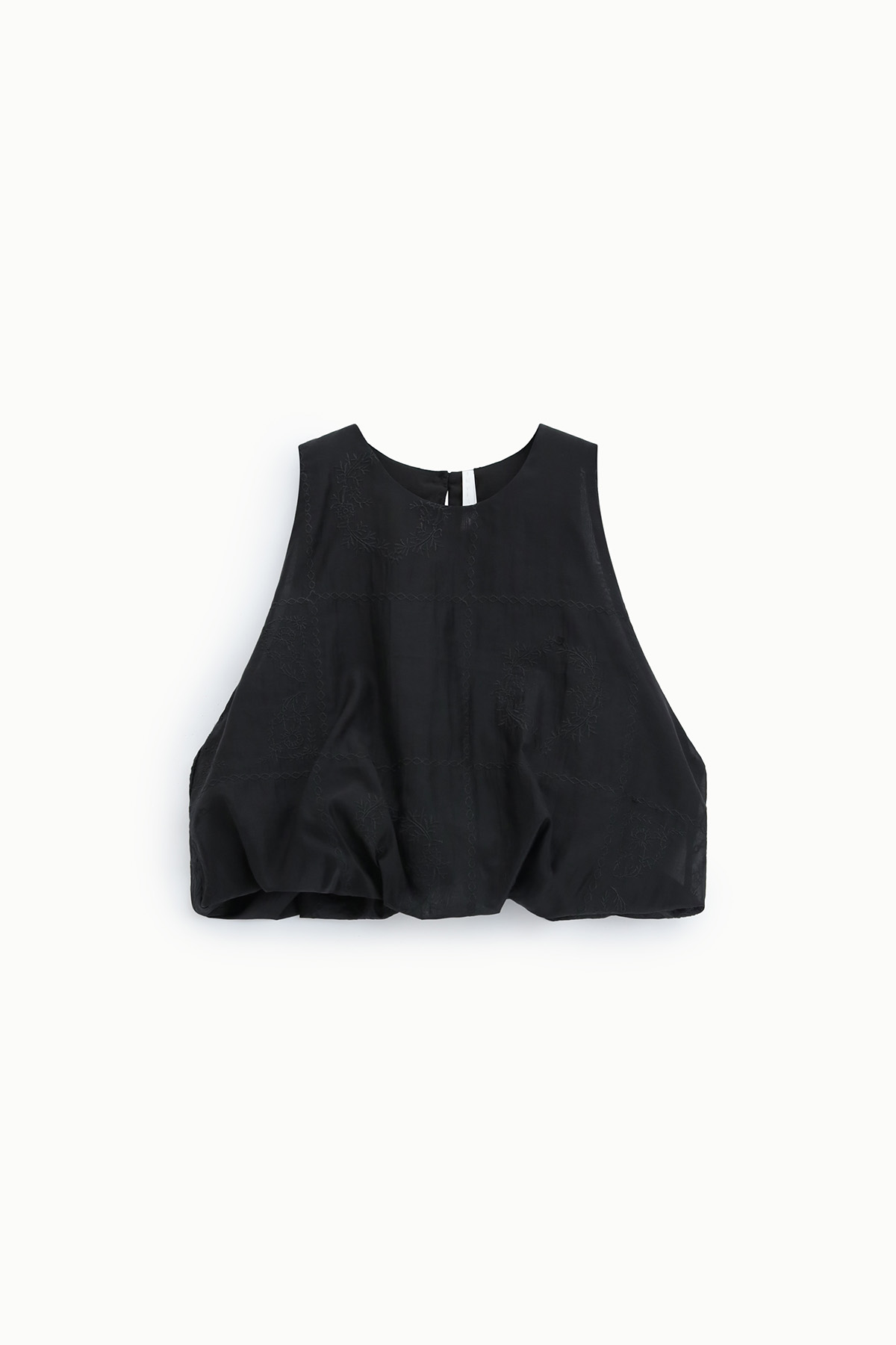 Black sleeveless cropped blouse with high round neck and gathered hem, flat-lay on white background