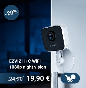 EZVIZ H1C Wi‑Fi 1080p night-vision security camera mounted on wall with 20% discount badge and sale price