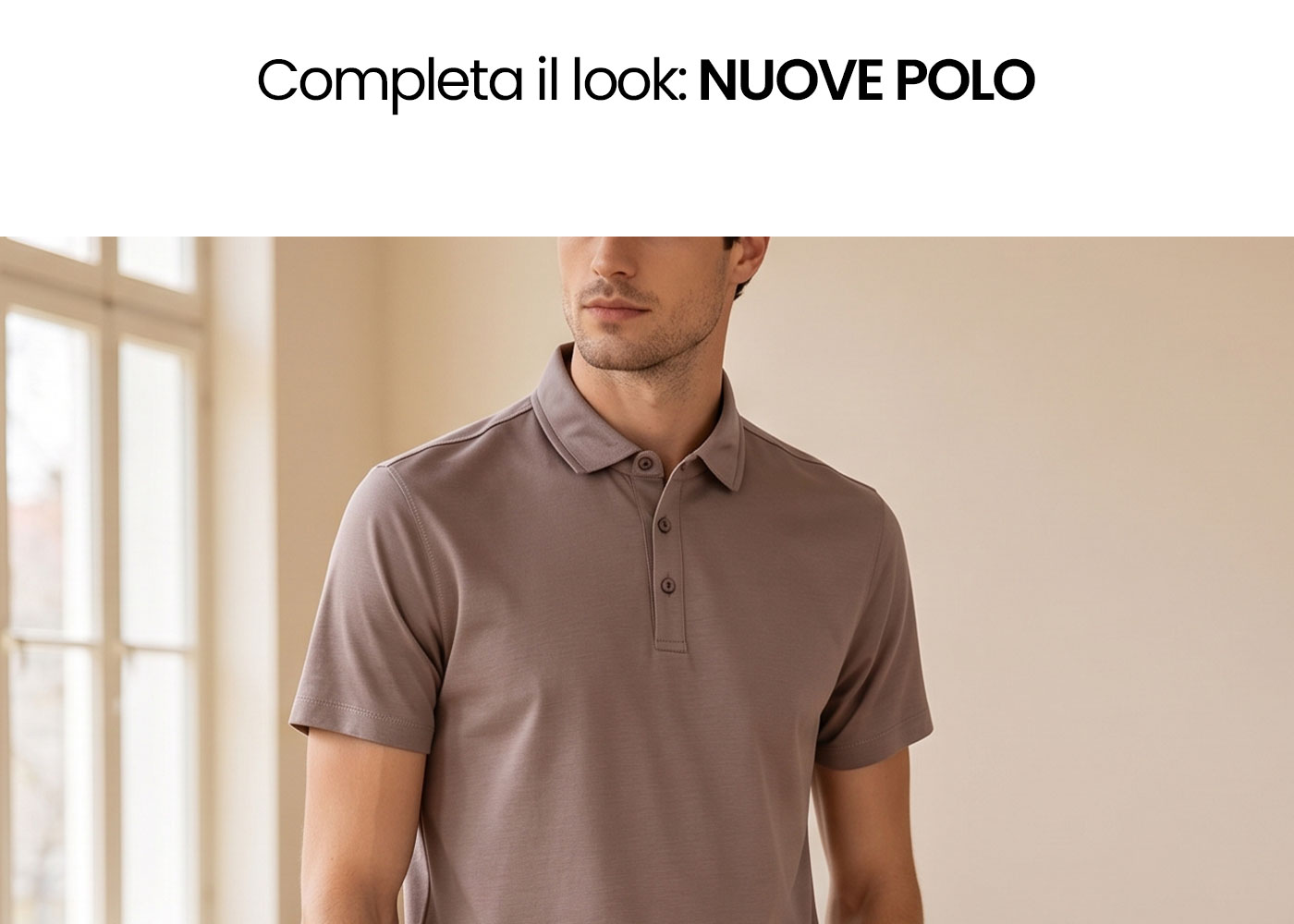 Man wearing taupe short-sleeve polo shirt, chest-up shot by a window against a neutral background