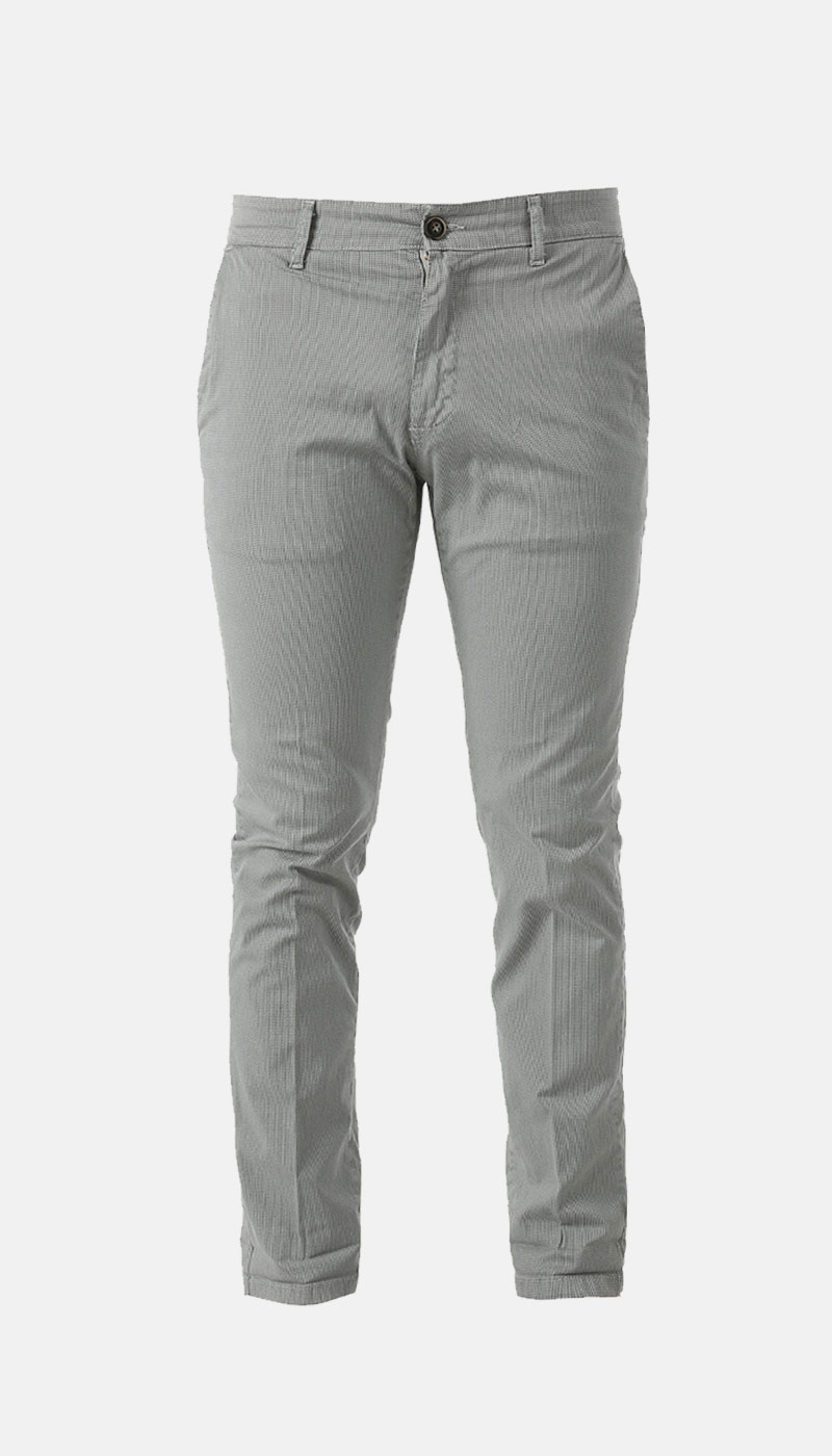 Front view of men's grey slim-fit pinstripe chinos with button-and-zip fastening, belt loops and cuffed hem