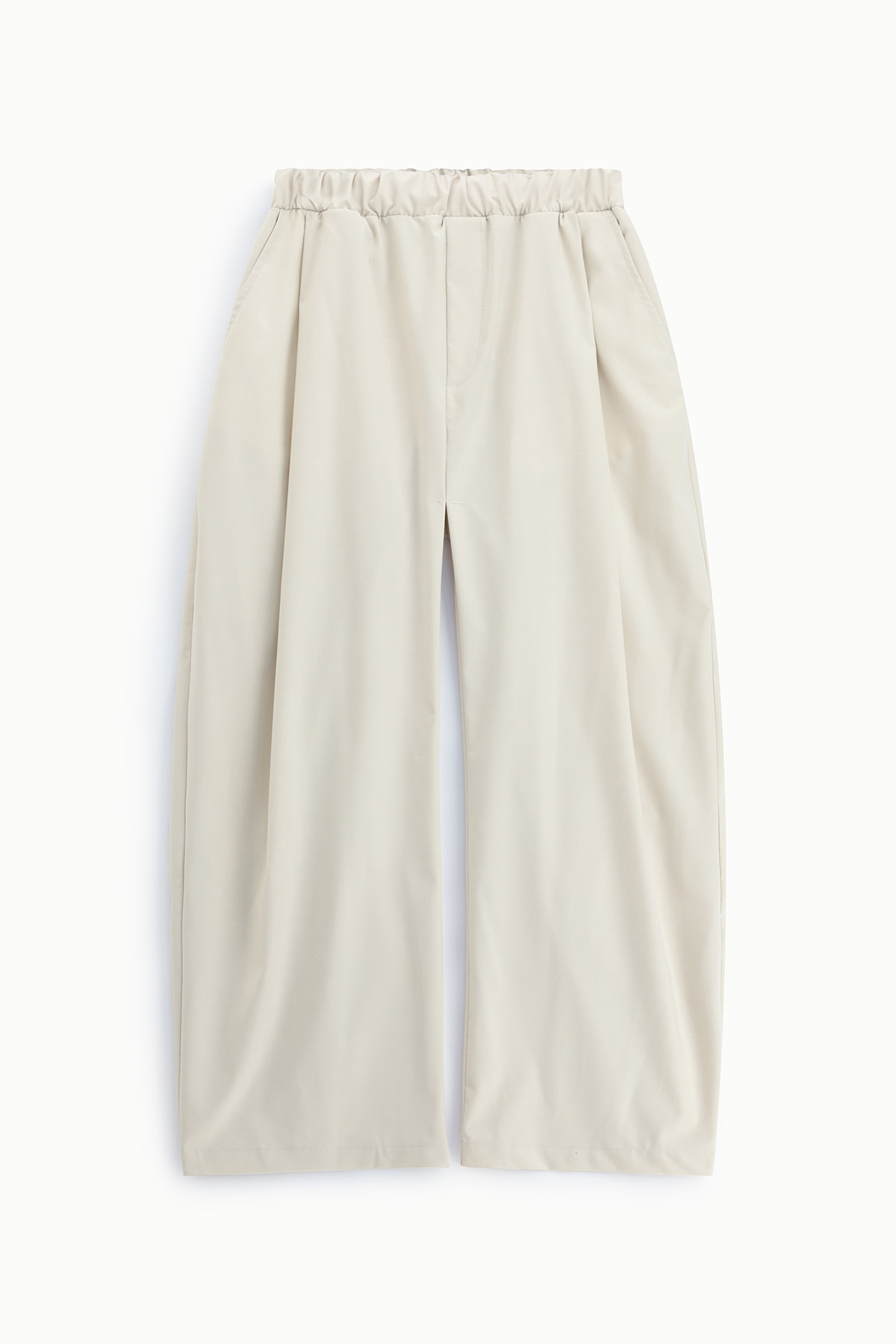 Stone wide-leg trousers with elasticated waistband and side pockets, flat-lay on white background