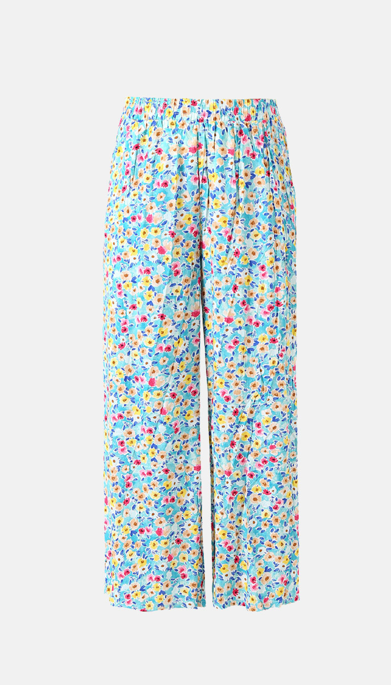 Women's light-blue wide-leg cropped trousers with elasticated waist and colourful ditsy floral print