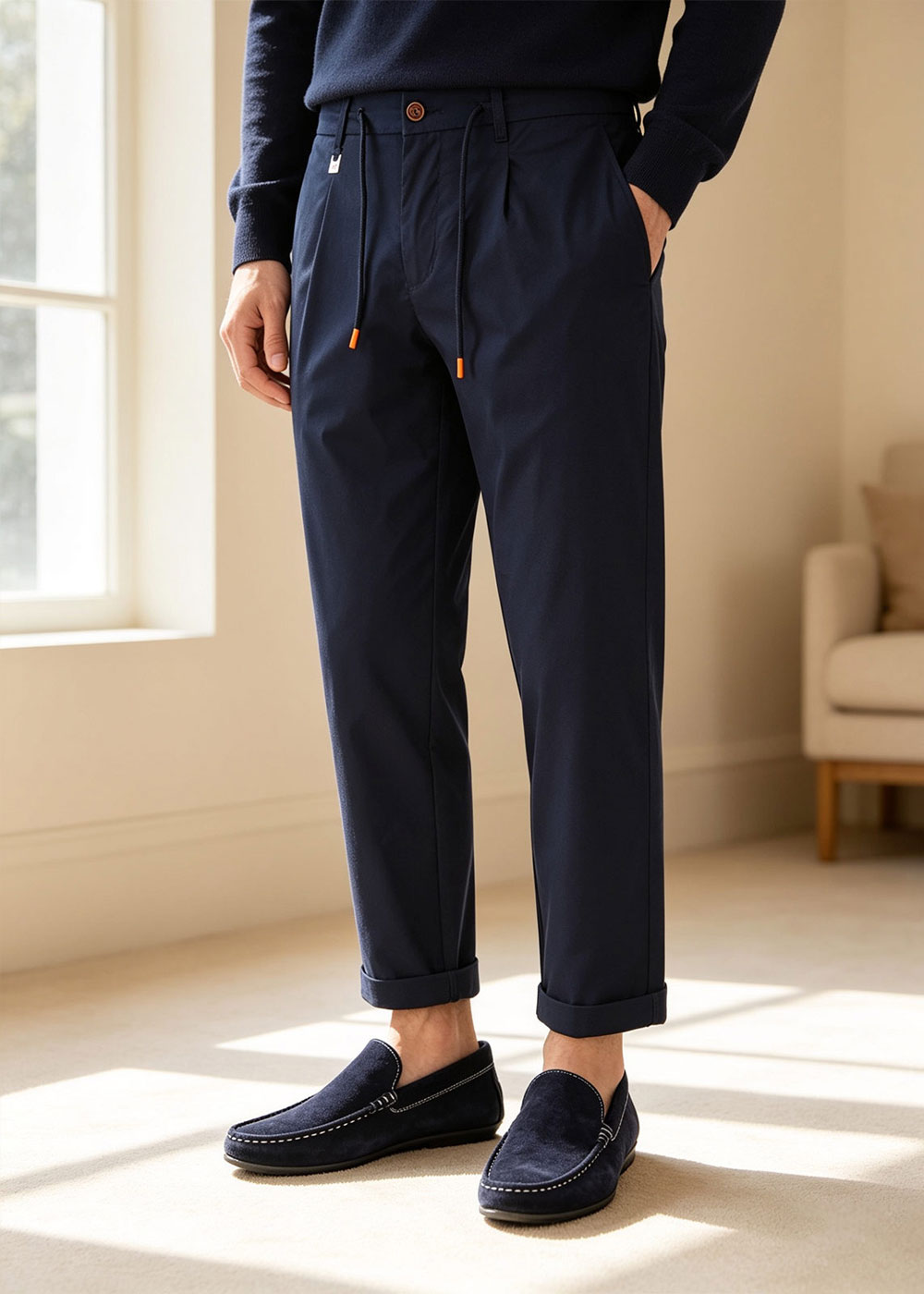 Man wearing navy tapered cuffed trousers with drawstring and button, paired with navy suede loafers in a sunlit room