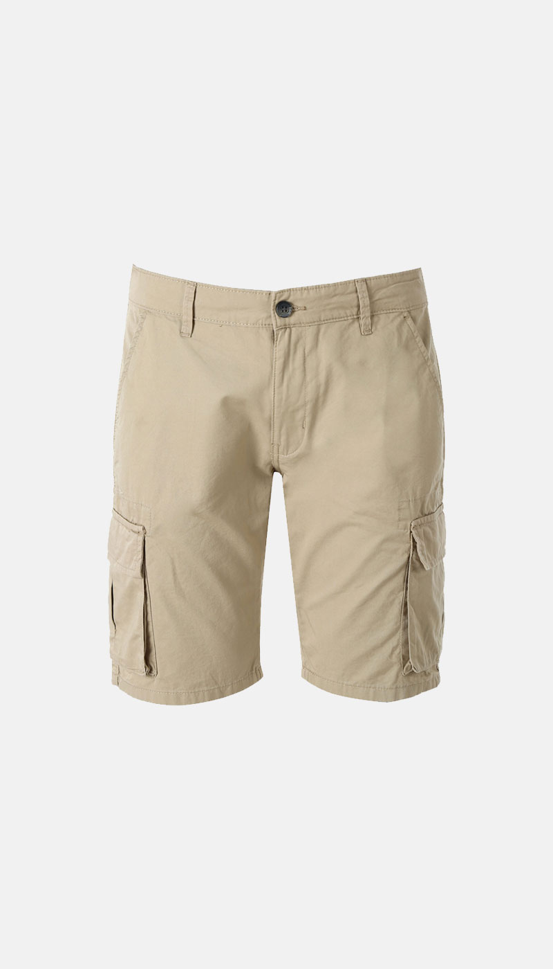 Beige knee-length cargo shorts for men, front view with button waist and multiple side pockets on white background