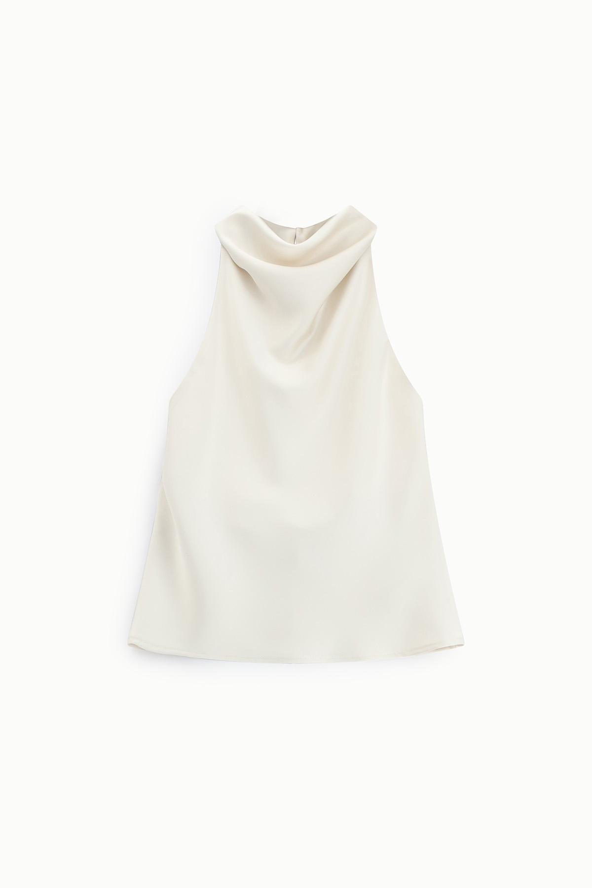 Cream sleeveless cowl-neck women's blouse on white background, soft draped fabric, minimalist top