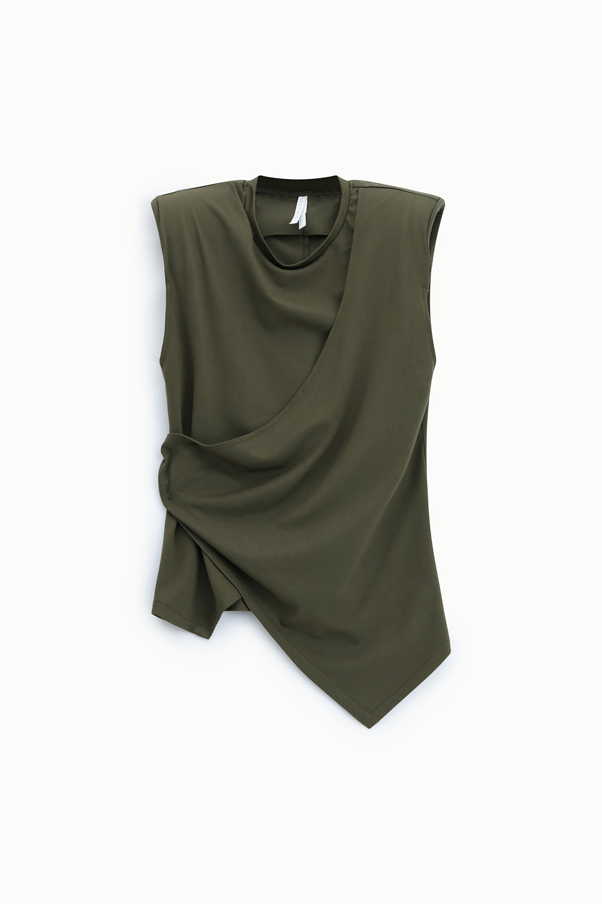 Olive green sleeveless asymmetrical draped women's top with twisted front detail on white background