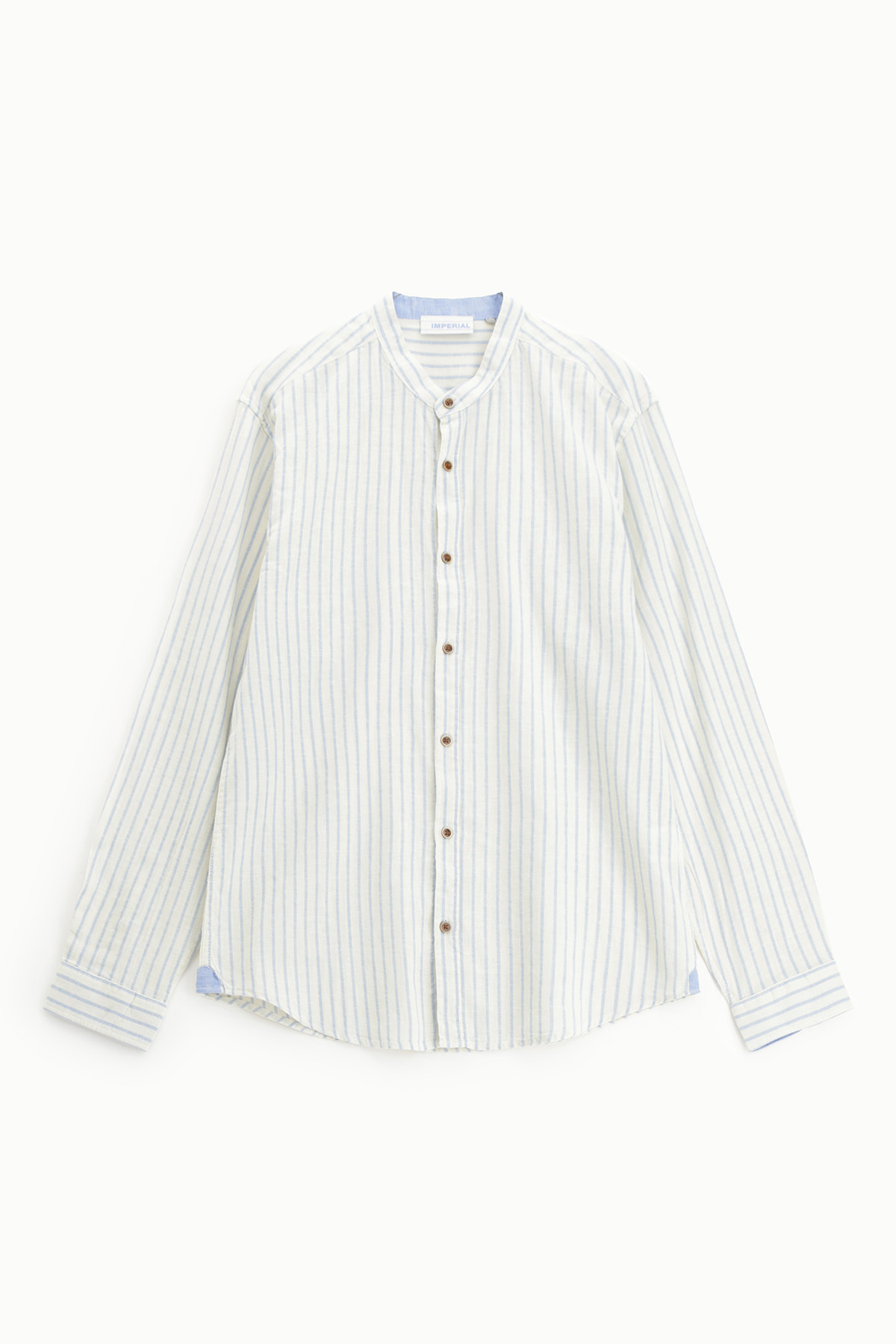 White lightweight cotton long-sleeve shirt with thin blue vertical stripes, band collar and brown buttons, laid flat