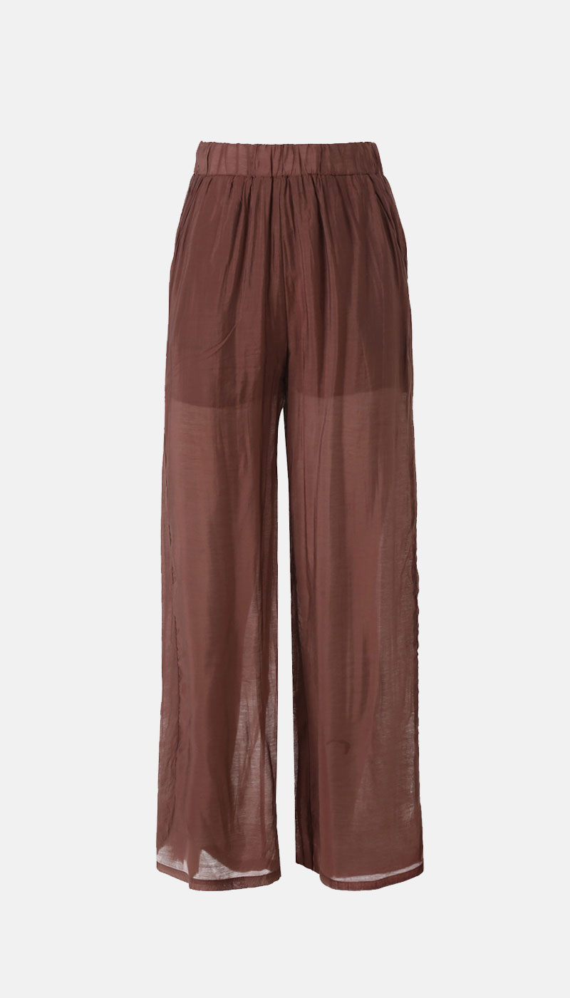Brown sheer wide-leg trousers with elasticated waistband, lightweight semi-transparent fabric, full length
