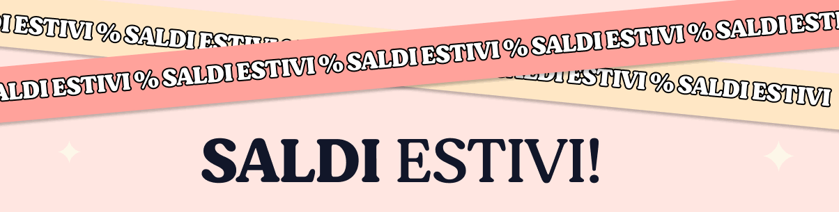Promotional banner with pink ribbons and bold 'Saldi Estivi!' text announcing summer sales