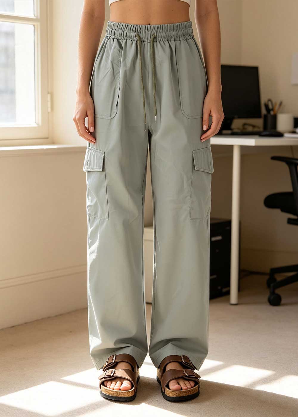 Woman wearing sage wide-leg cargo trousers with elastic drawstring waist and brown buckle sandals in bright office
