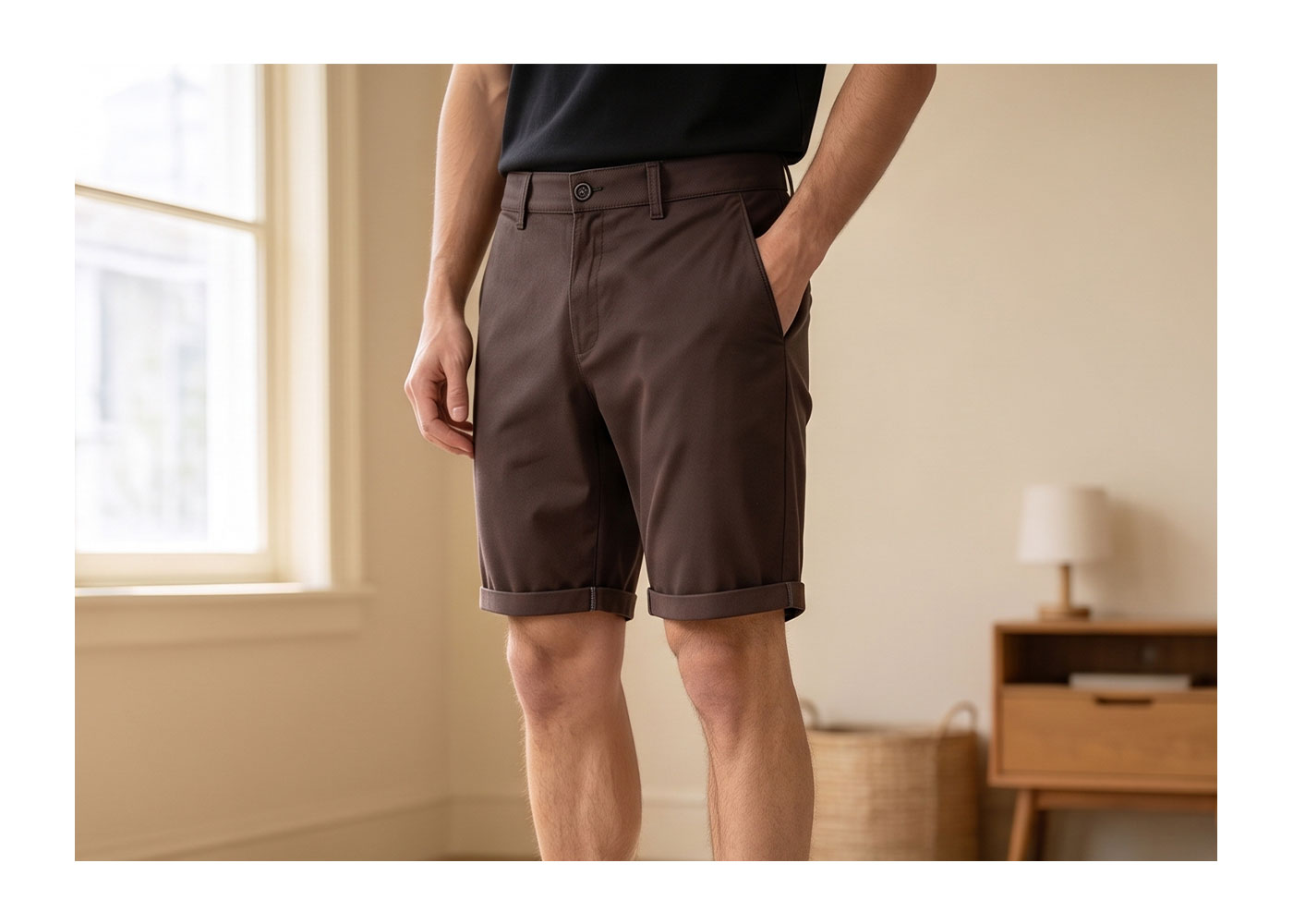 Men's brown rolled-hem chino shorts on model, mid-length with side pockets, casual summer outfit in a neutral indoor setting