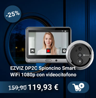 EZVIZ DP2C smart Wi‑Fi 1080p video doorbell with peephole display showing a visitor and circular camera, 25% off badge