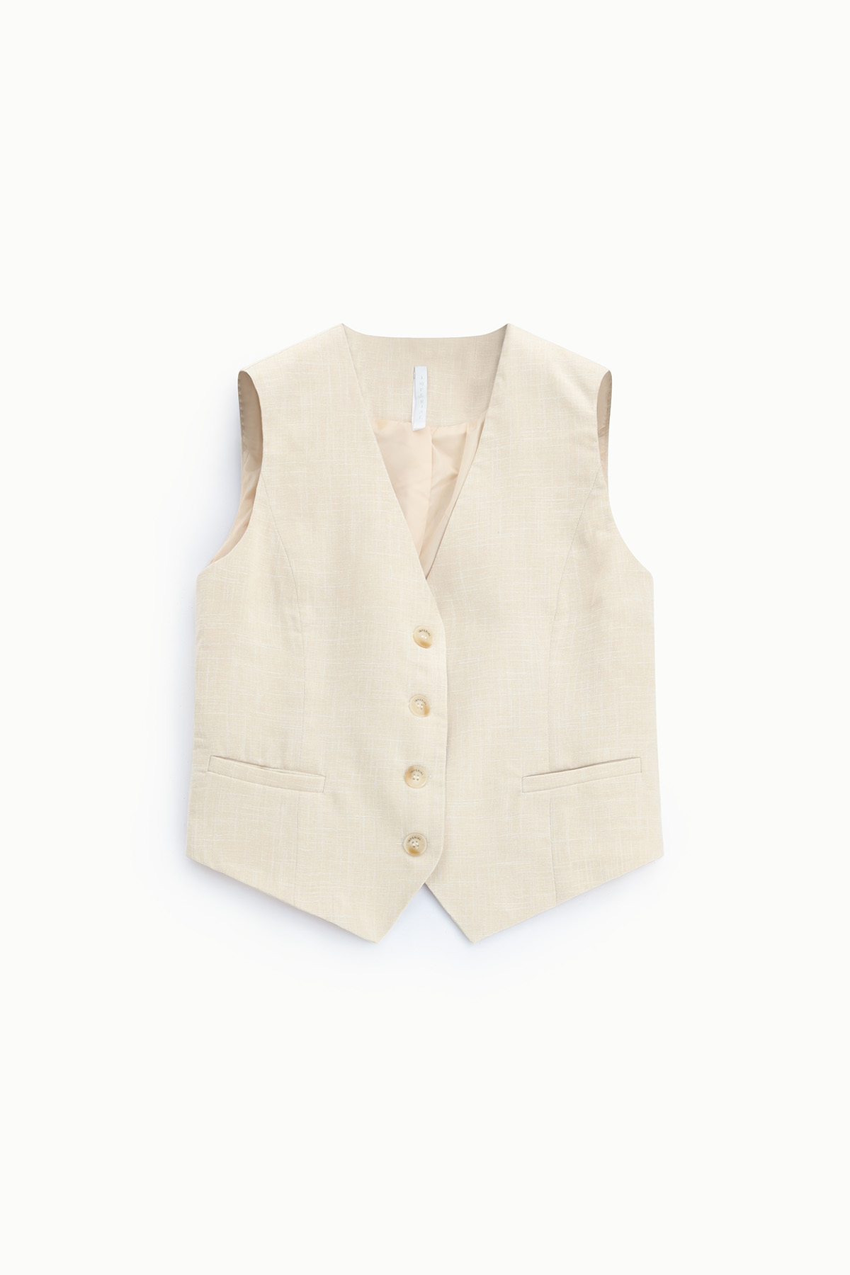 Beige linen waistcoat with V-neck, four buttons and two front welt pockets laid flat on a white background