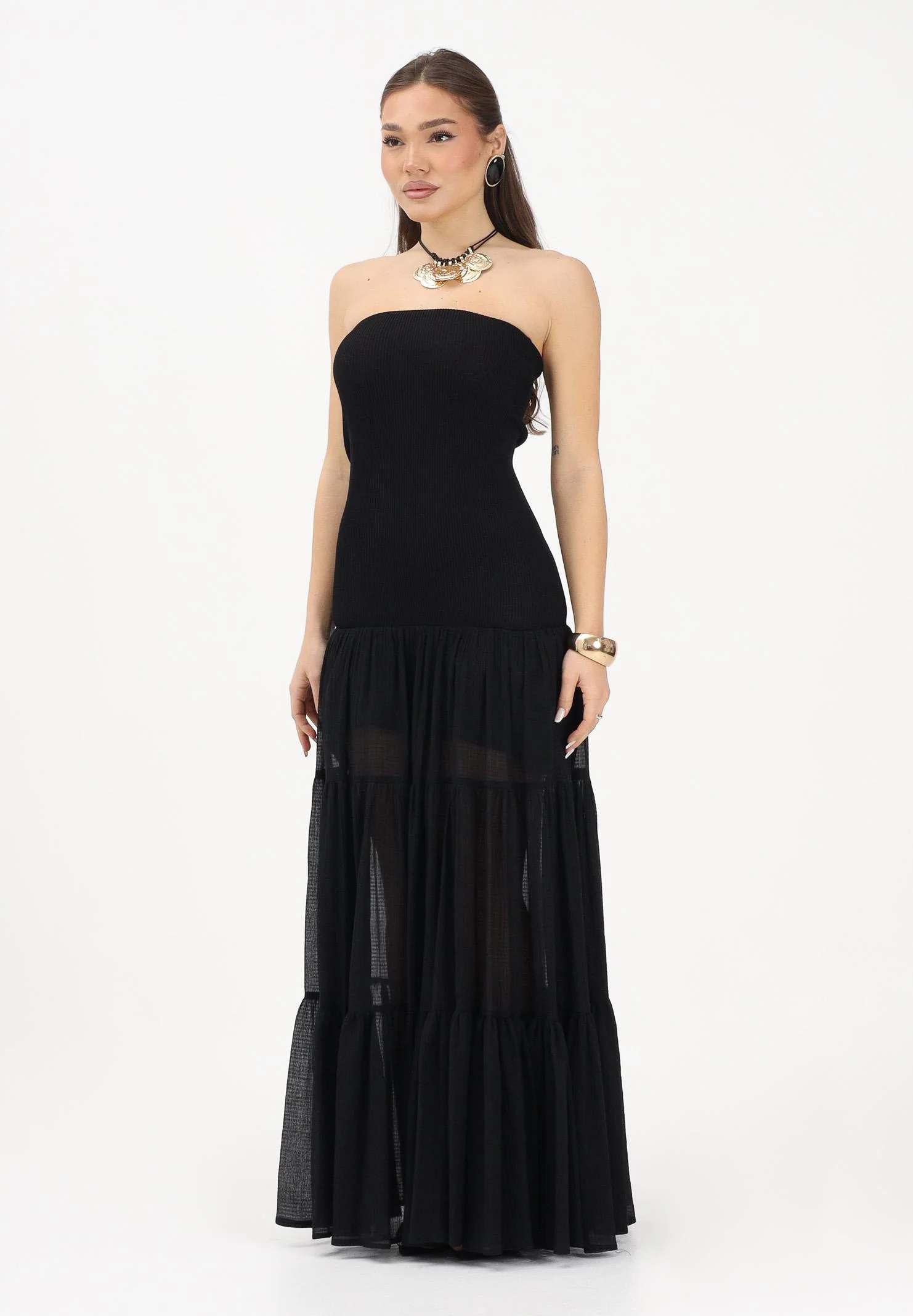 Image of PINKO Abito lungo strapless nero da donna con gonna in voile