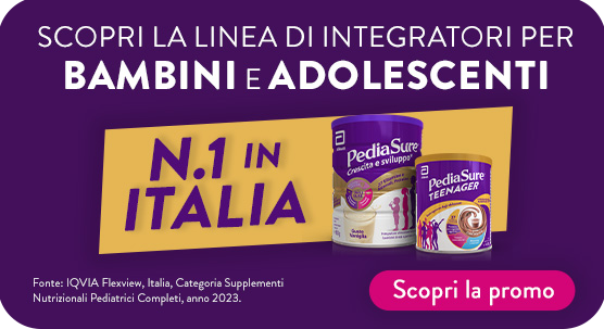 “Confezioni di PediaSure e PediaSure Teenager per bambini e adolescenti su sfondo viola. Testo: ‘Scopri la linea di integratori per bambini e adolescenti. N.1 in Italia’ con pulsante ‘Scopri la promo’.” “Confezioni di PediaSure e PediaSure Teenager per bambini e adolescenti su sfondo viola. Testo: ‘Scopri la linea di integratori per bambini e adolescenti. N.1 in Italia’ con pulsante ‘Scopri la promo’.”