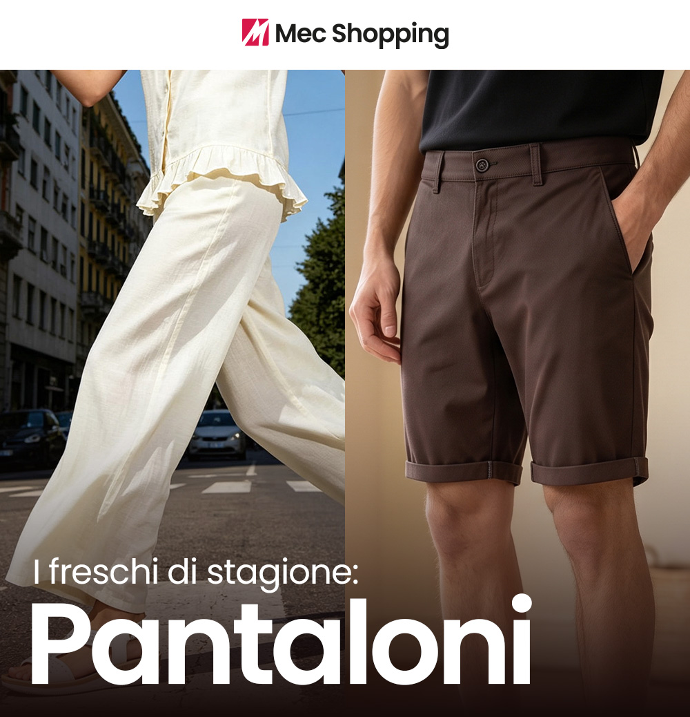 Split banner showing cream wide-leg women's trousers walking in city and brown men's rolled shorts, Mec Shopping