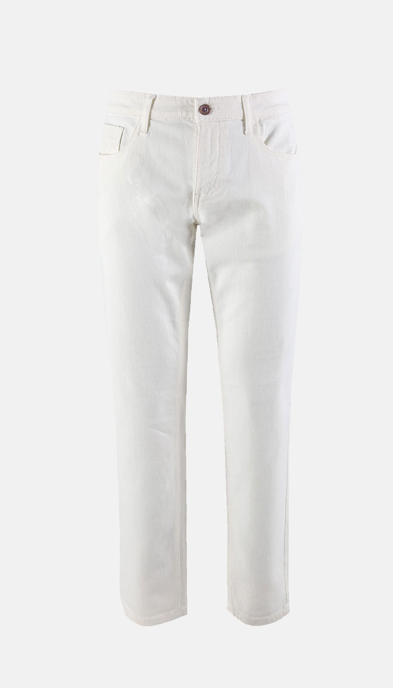 White straight-leg denim jeans displayed on a plain light background, five-pocket style with button closure
