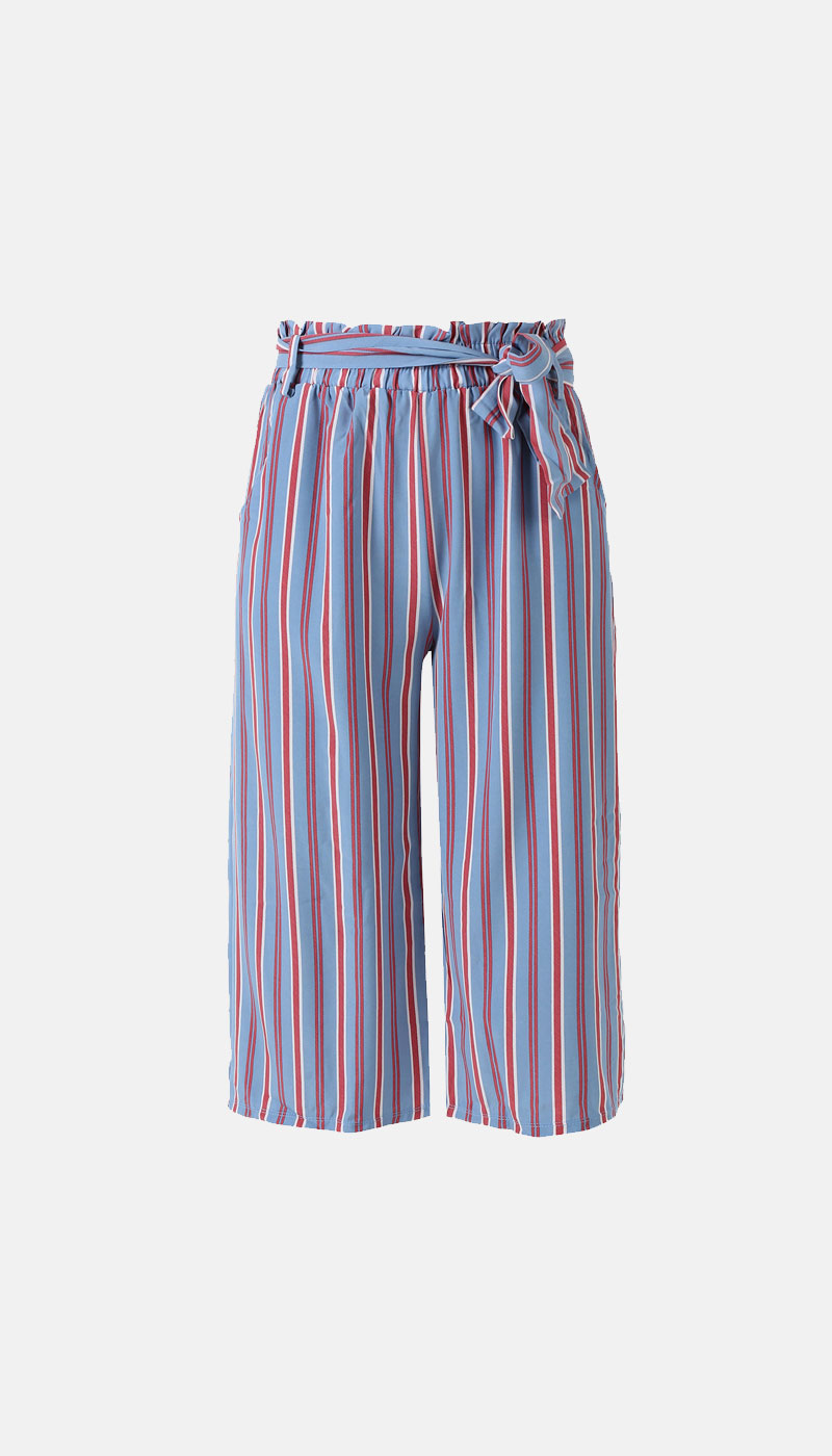 Blue, red and white vertical striped culotte trousers with paper‑bag waist and tied belt