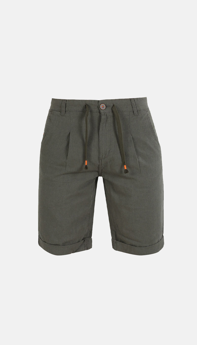 Men's olive-green chino shorts with drawstring waist, front pleats, button closure and cuffed hems