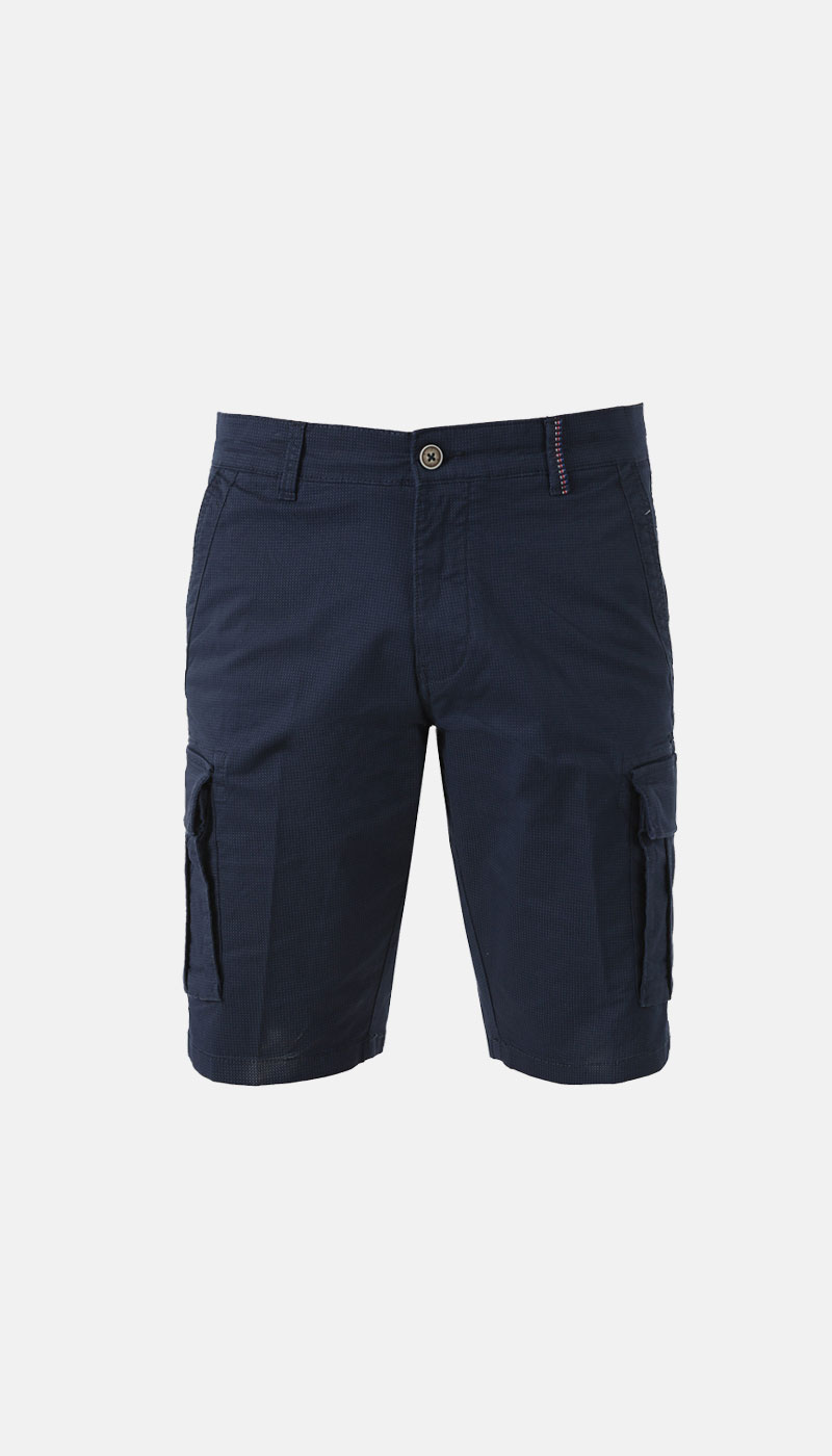Men's navy cargo shorts, knee-length with button waist and flap side pockets, textured fabric on white background