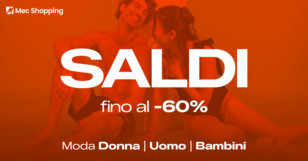 Mec Shopping banner: summer sale 'Saldi' up to 60% off, smiling man and woman in swimwear, fashion for women, men and children
