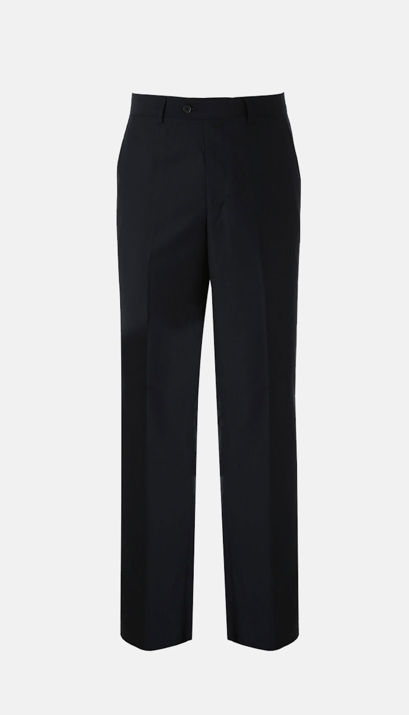 Black tailored straight-leg trousers with button waist and pressed centre crease, front view on plain background