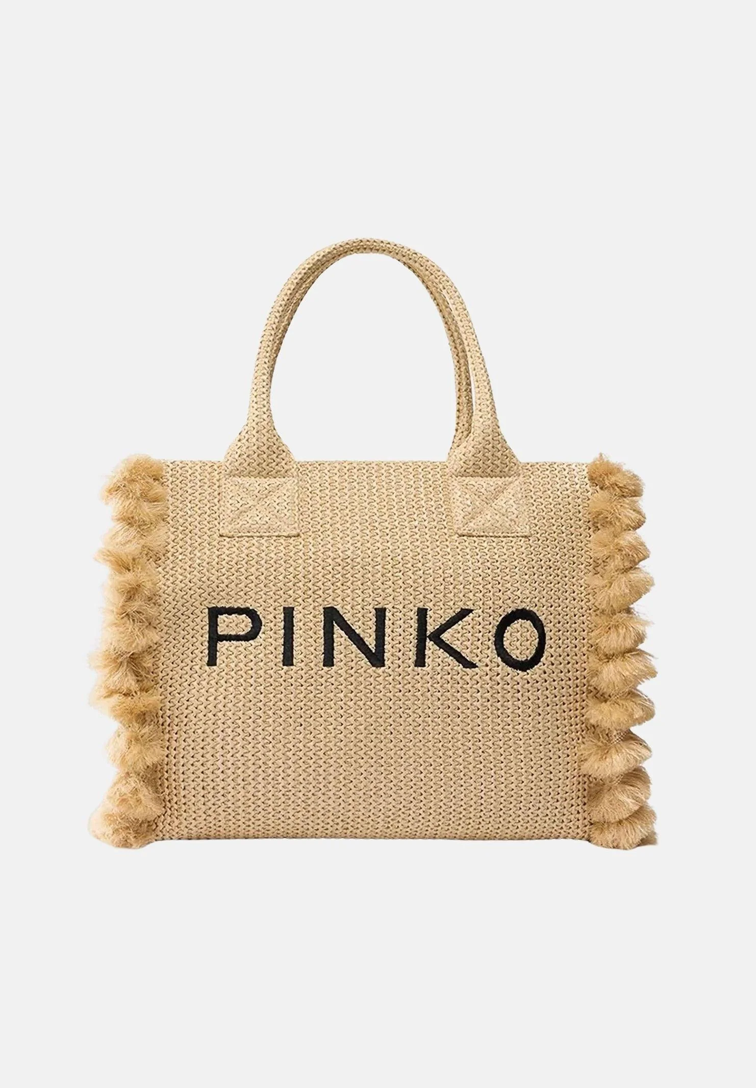 Image of PINKO Borsa a mano in rafia beige da donna con logo