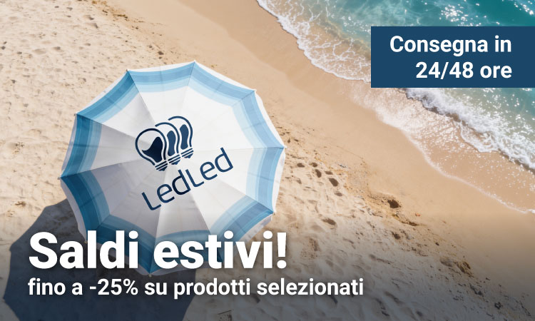 Aerial view of blue and white LedLed beach umbrella on sandy shore by sea waves, with summer sale promotional overlay