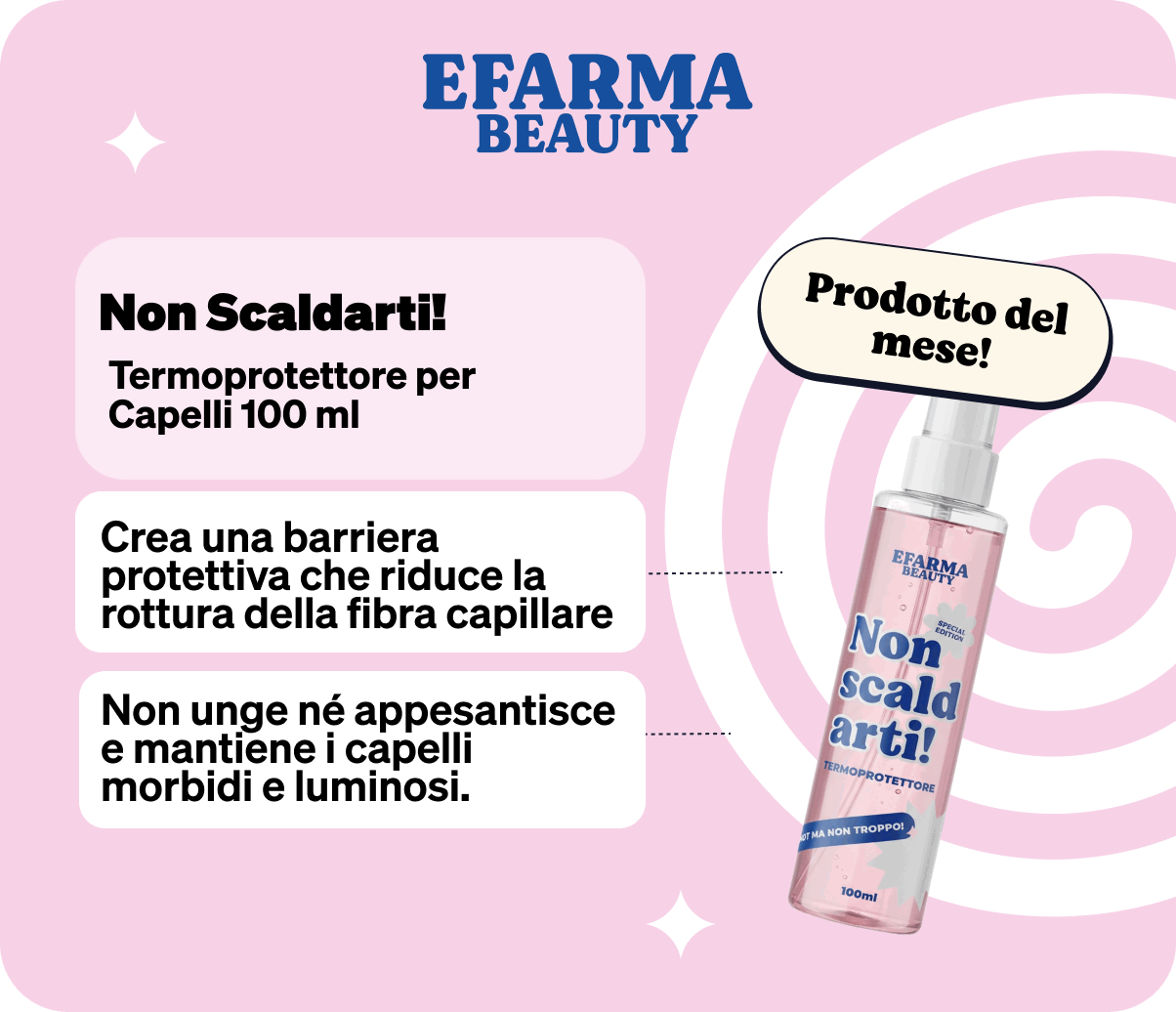 Pink EFARMA Beauty 'Non Scaldarti' 100 ml hair heat-protectant spray bottle on pink promotional card