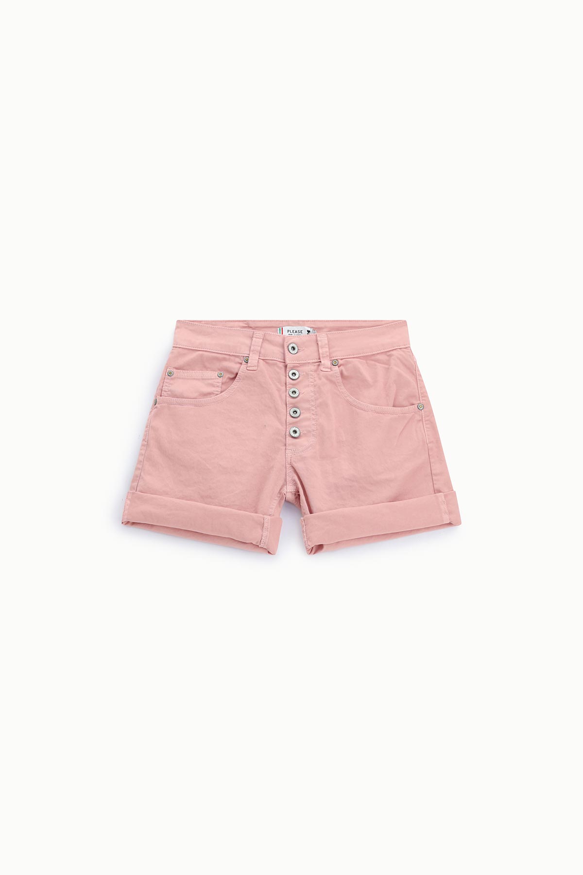 Pink women's denim shorts with button-fly and rolled hem, flat-lay on white background
