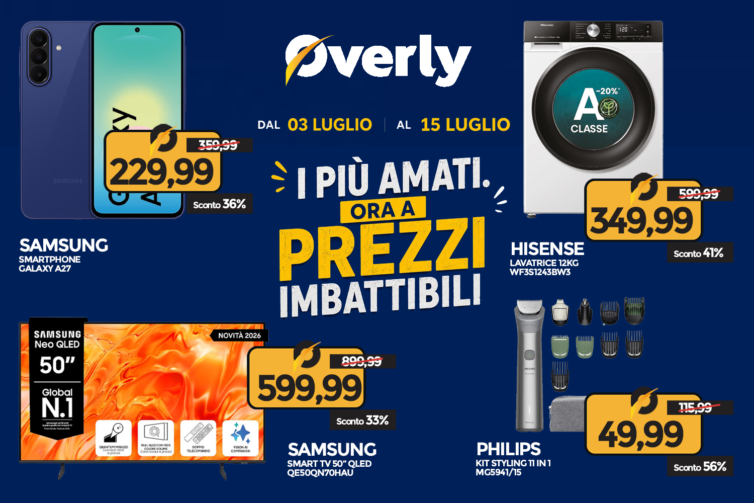Promotional banner showing Samsung Galaxy A27, 50" Neo QLED TV, Hisense washing machine and Philips grooming kit with discounted prices, sale 3–15 July