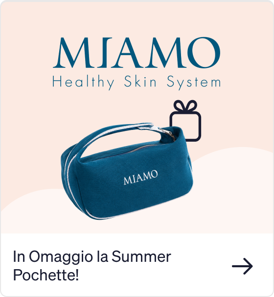 MIAMO Healthy Skin System logo with blue MIAMO branded summer pouch gift on pale background