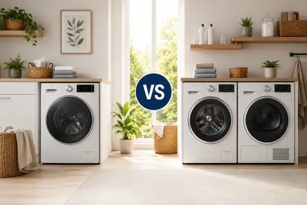 Single front‑load washing machine vs front‑load washing machine and tumble dryer in bright modern laundry room with plants