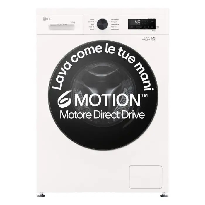 Front-loading LG washing machine with prominent black circular door graphic reading '6 Motion Motore Direct Drive'