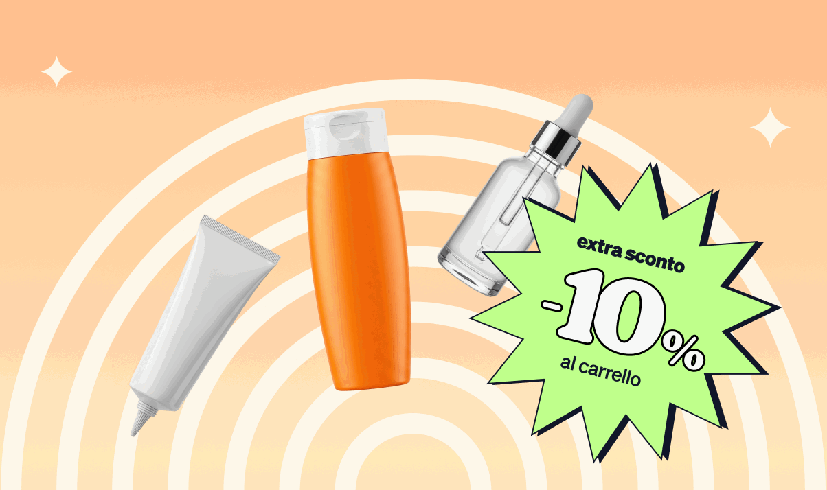 Repeated sets of three skincare bottles and a dropper with a green '-10% off' starburst on a peach concentric background