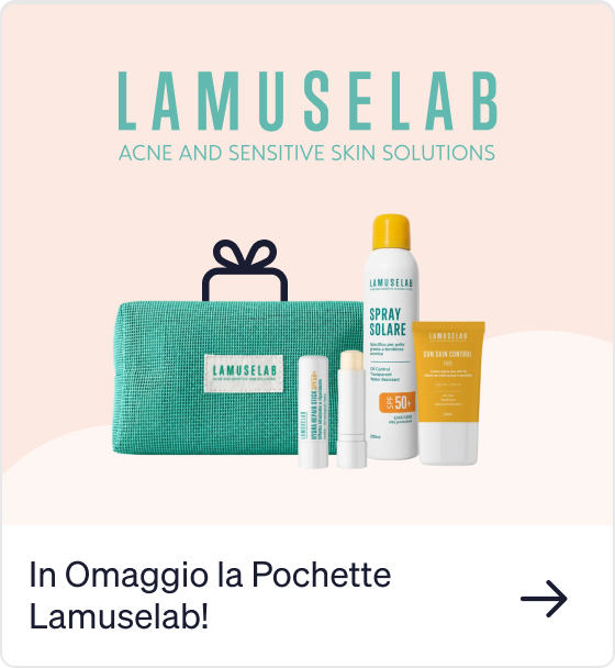 LamuseLab promotional image: teal travel pouch with SPF50+ sun spray, skin control tube and lip balms for acne‑prone sensitive skin